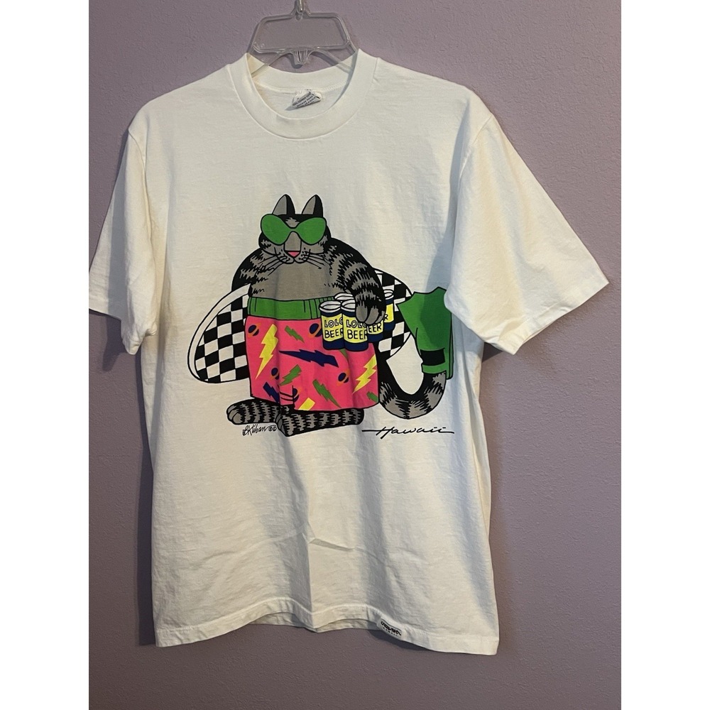 RARE Men's Vintage Lolo The Beer Cat Hawaii Surfing Crazy Tee Shirt Large USA